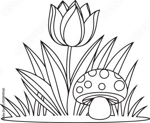 Cute Mushroom and Tulip Flower Coloring Page – Kawaii Forest Nature Line Art | clipart | Black and White Illustration of Tulip Flower and Mushroom in Grass