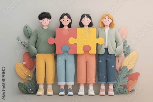 Illustration of a team of people holding puzzle pieces, symbolizing unity and collaboration