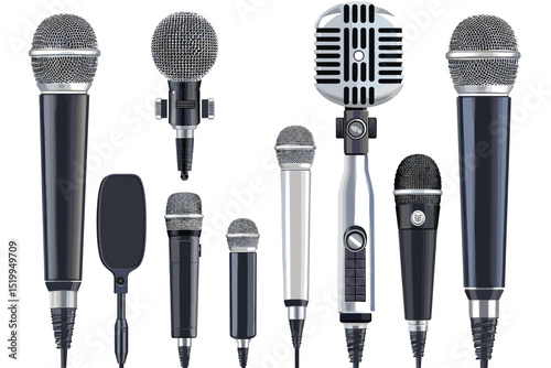 Set of retro microphones on white background.