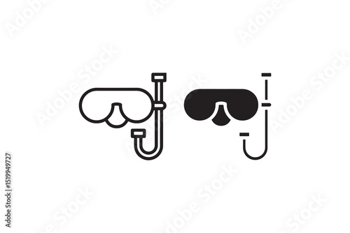 Diving goggles and snorkel icon set in black and white variations.