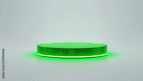 Green neon lit circular product display platform, podium, product display