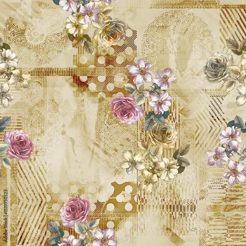 Fototapeta Naklejka Na Ścianę i Meble -  Floral Fantasy All-Over Pattern, Vintage Watercolor Flower Pattern, Tropical Bloom Seamless Design