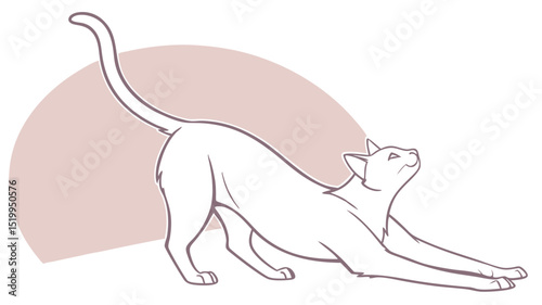 A line drawing of a cat stretching with a curved tail and a light purple background circle shape behind it