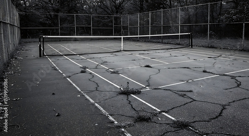 Derelict tennis court in monochrome, with cracked surface and weeds growing through. Evokes themes of decay, abandonment, and forgotten sports grounds.
