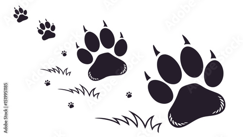 Illustration of animal paw prints with claws and grass on a white background in a diagonal line