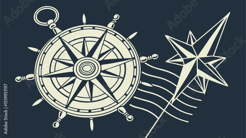 Illustration of a ship wheel and star with wind lines on a dark blue background in a flat style