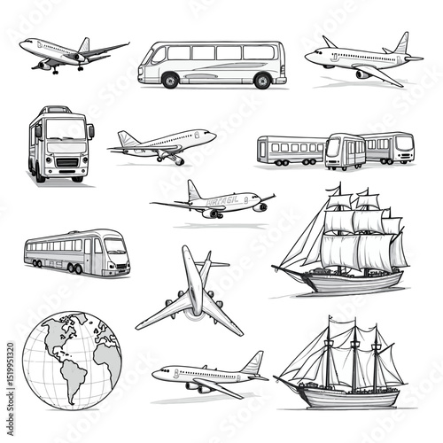 Transportation and travel vector silhouette icon drawing set Greyscale illustrations of airplane bus train ship truck and globe for global journey