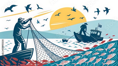 Bold graphic depiction of fishermen casting nets amid dense shoals of fish, captured in flat, contrast-rich design
