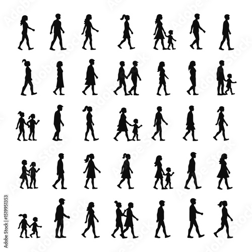 Large collection of people walking vector silhouette icon set Black human figures of men women children families and couples in action poses
