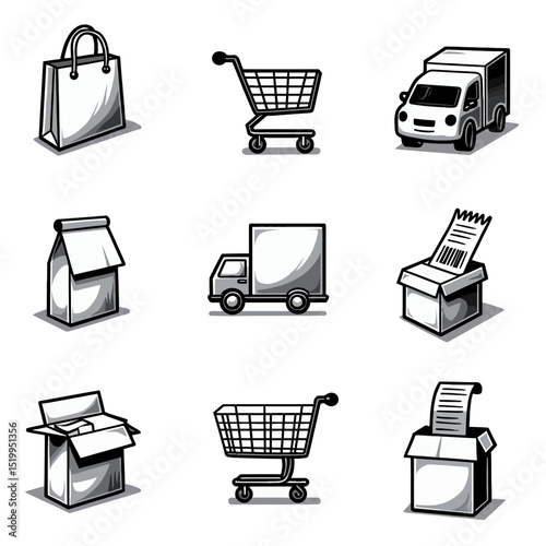 Greyscale shopping and ecommerce vector silhouette icon drawing set Illustrative 3D style cart truck box bag and receipt for online retail delivery