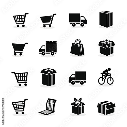 Shopping ecommerce and delivery vector silhouette icon set Black retail symbols with cart truck gift box package and cyclist for online store