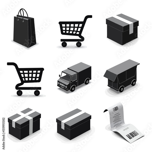 Greyscale isometric shopping and ecommerce vector silhouette icon set Detailed 3D style cart truck box bag and receipt for online retail delivery