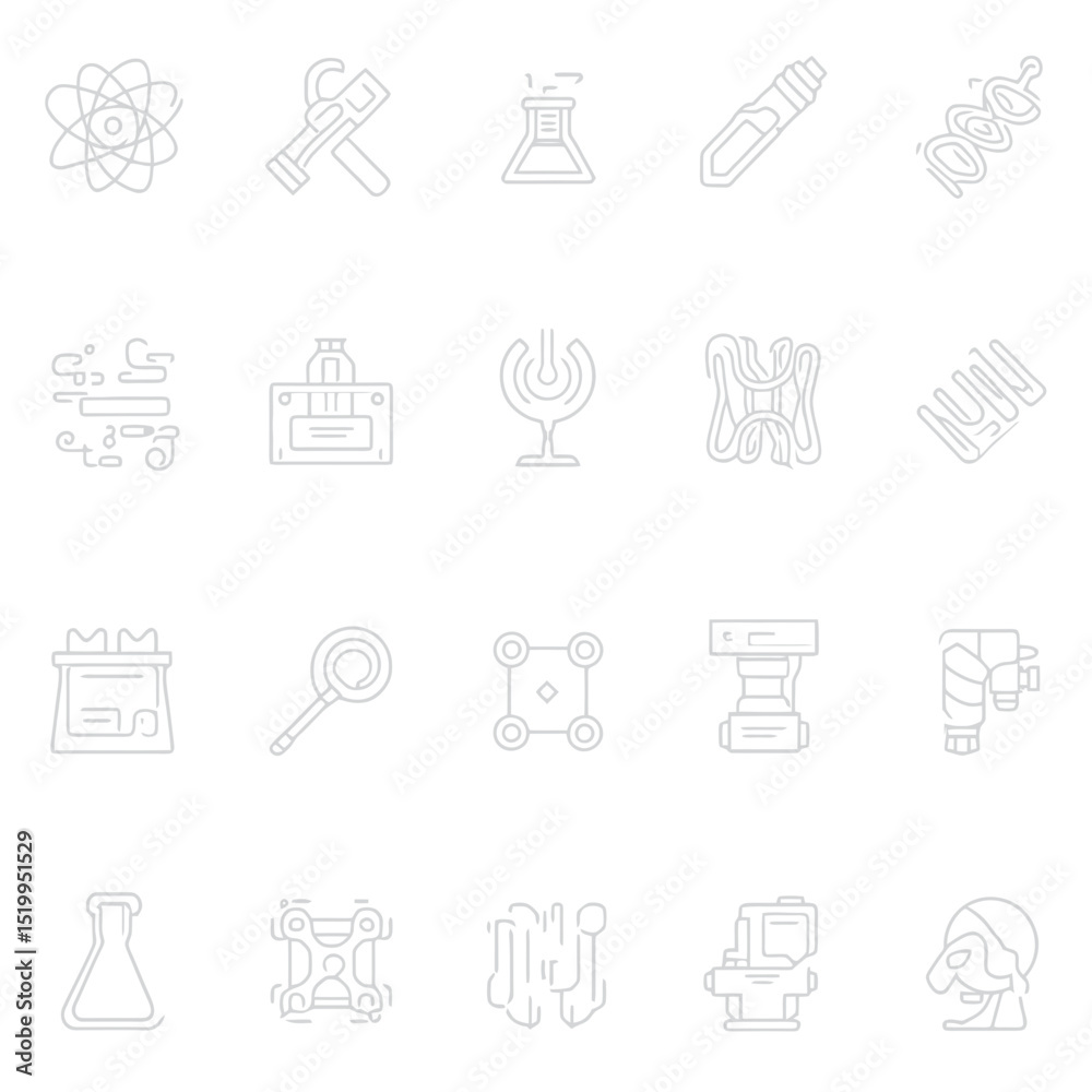 Fototapeta premium Minimalist mixed vector silhouette icon set Simple light grey thin line outline symbols for science tech holiday and abstract concepts design