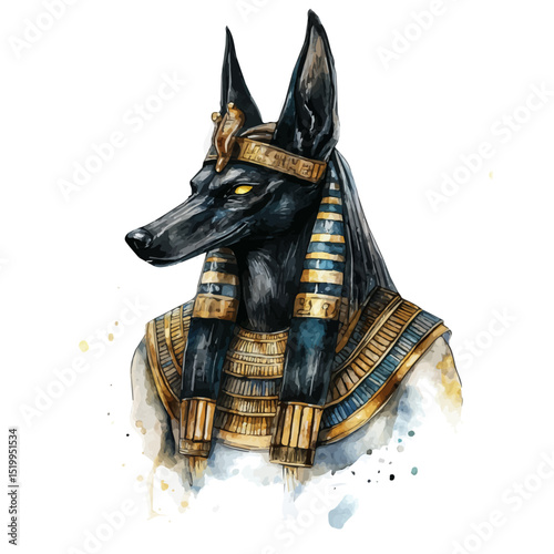 Anubis Egyptian Mythology, watercolor drawing vector, high quality, isolated on a white background.