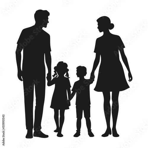 Black vector silhouette of a family of four holding hands People icons with parents son and daughter symbolizing love togetherness and unity