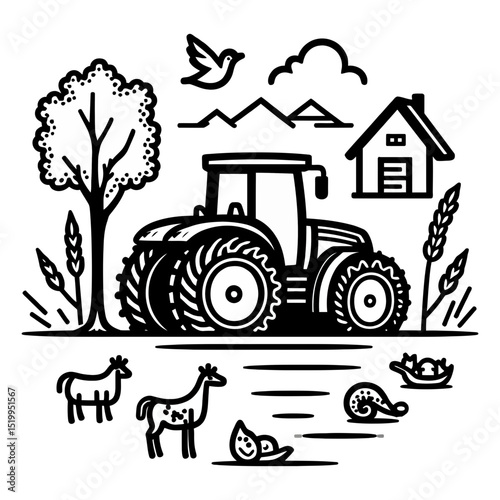 Black and white farm scene vector silhouette line art Outline illustration of tractor farmhouse tree animals and rural landscape for simple design