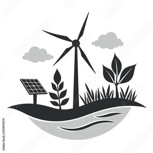 Renewable energy and ecology vector silhouette icon Greyscale nature scene with wind turbine solar panel plants for green sustainable power design