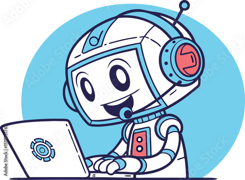 Cartoon vector illustration of a friendly AI robot using a laptop and wearing a headset, ideal for tech support mascot, chatbot interface, and futuristic computing concepts