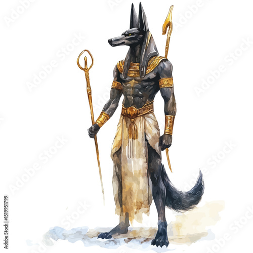 watercolor vector of Anubis Egyptian Mythology, high quality, isolated on a white background.