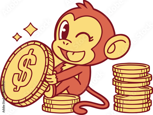 Cartoon vector illustration of a cute monkey winking while holding a large dollar coin and sitting beside stacked money, ideal for finance mascot, savings, and playful investment themes