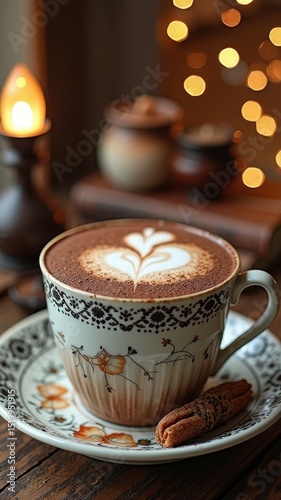 Wallpaper Mural Elegant cappuccino in ornate cup with biscotti by candlelight and bokeh Torontodigital.ca