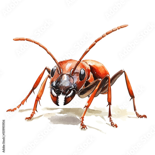 Ant Close Up, watercolor drawing vector, high quality, isolated on a white background.