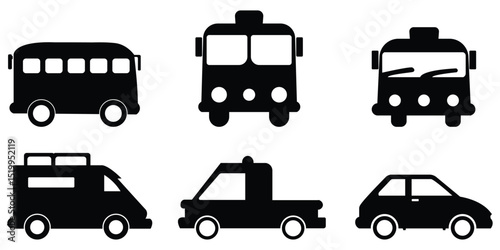 Black solid transportation icons set with cars, buses, and taxi silhouettes in vector format