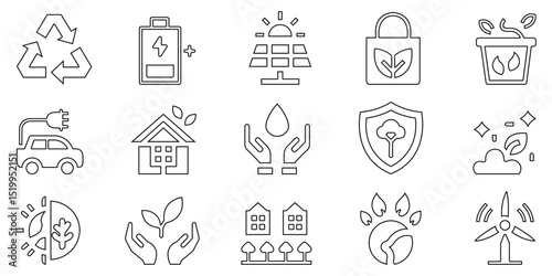Minimal eco-friendly icon set with line home, recycle, and nature conservation