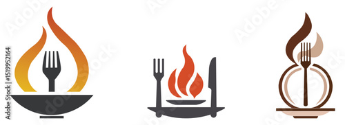 Food and flame icon collection showing restaurant, fire plate, and elegant dining