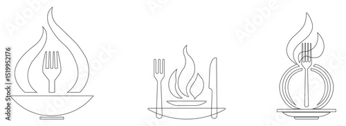 Minimal flame dining icon pack with line utensils and hot meal graphics