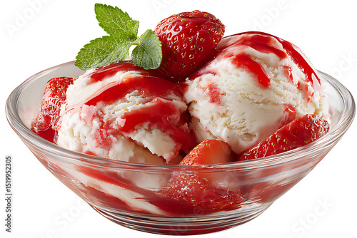 Delicious vanilla ice cream sundae with fresh strawberries and strawberry sauce in a glass bowl
