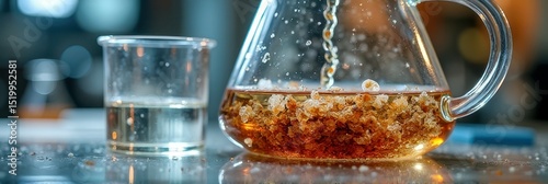 Crystallization process in glass beaker with brown liquid and translucent cup on table