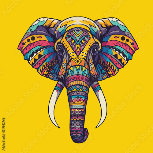 pop art elephant face with abstract tribal doodles and geometric patterns on yellow