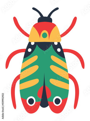 Colorful exotic insect spreading its wings and legs, showcasing vibrant colors and intricate patterns, perfect for nature inspired designs and entomological illustrations