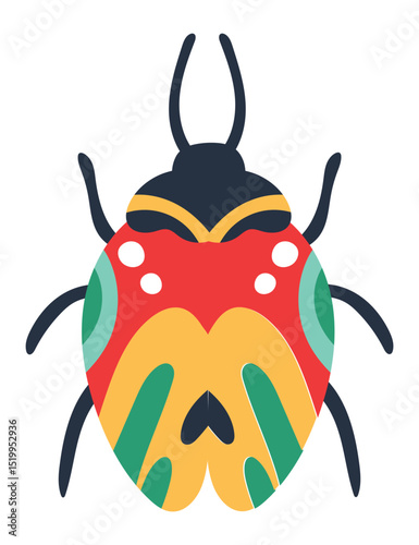 Colorful bug with decorative patterns featuring a red, yellow, and green body, black head and legs, and white spots, creating a vibrant and whimsical image on a white background
