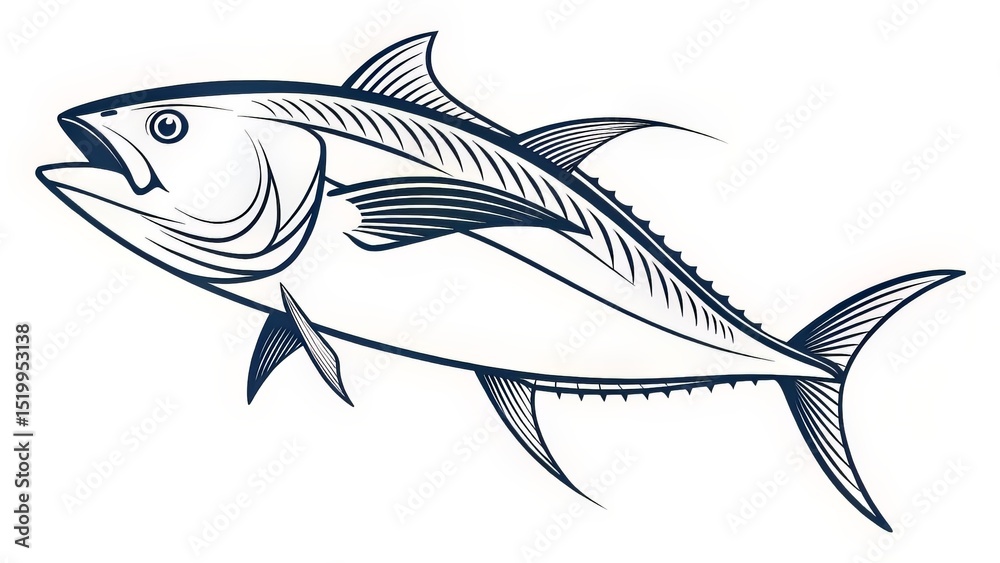 Fototapeta premium Clean minimalist drawing of a tuna caught in mid-fight, defined with a single black line