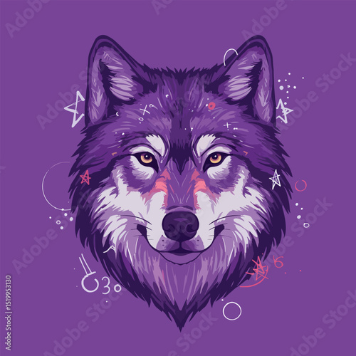 pop art wolf face with hand-drawn graffiti stars and cosmic doodles on solid purple