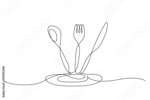 Minimalist continuous one line drawing of spoon, fork, and knife on a plate, elegant vector illustration representing kitchen utensils, cooking tools, and dining concept. Editable stroke