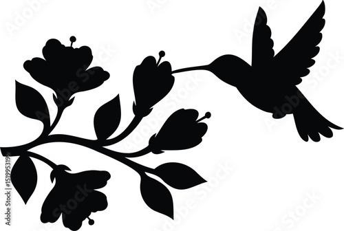 Silhouette vector of a hummingbird feeding on blooming flowers from a leafy branch, perfect for spring-themed art, natural decor, or wildlife illustration projects