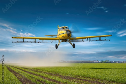 Crop Duster Flying Over Agricultural Field With Blue Sky