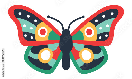 Stylized drawing of a butterfly with open wings, featuring red, green, yellow, white, and black colors in a vibrant and eye catching design