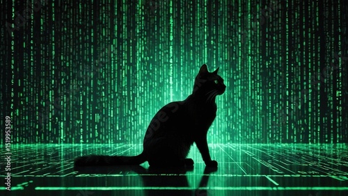 Mysterious black cat with glowing green eyes amidst an intricate green binary code background. Cyber attack concept, online security.