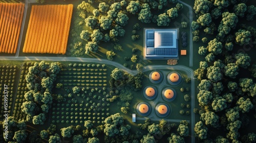 Sustainable Farm: Aerial View of Eco-Friendly Agriculture and Renewable Energy
