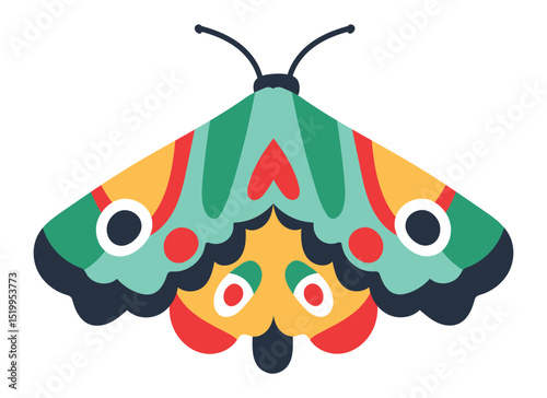 Colorful moth spreading its bright wings with heart shapes, showing a vibrant and playful design, perfect for children's illustrations or nature inspired projects