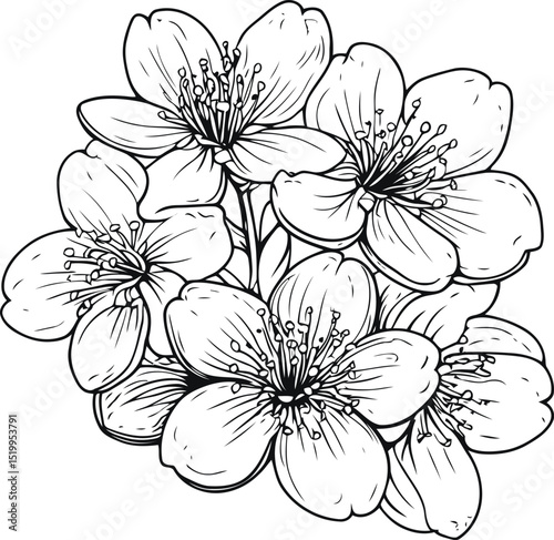 Hand drawn Cherry Blossom Flower Cluster in Black and White, Black Ink Cherry Blossom Drawing for Nature Lovers.