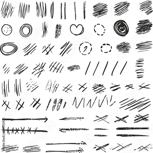 Black Ink Scribbles and Shapes Artistic Collection, Set of Abstract Black and White Scribbles and Lines