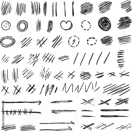 Abstract Brush Strokes and Shapes in Black Ink,Collection of Black and White Brush Strokes and Doodles.