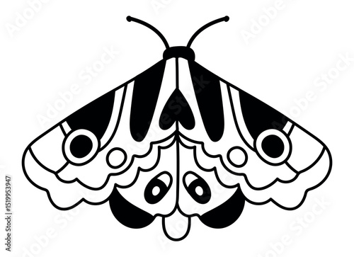 Minimalist black and white drawing of a moth spreading its wings, featuring a heart shaped pattern on its body, ideal for tattoo designs or decorative elements