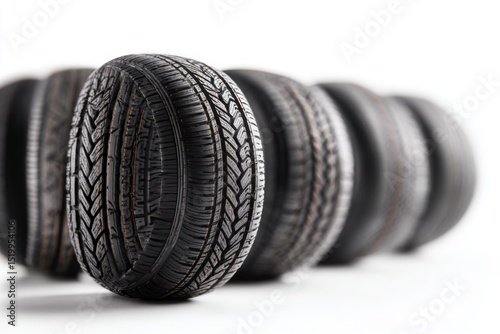 A Line Of New Automotive Rubber Tires Standing