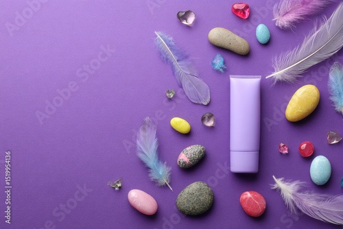Purple Product Cream Tube with Feathers and Stones